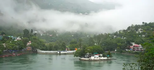 Original photograph of Bhimtal Lake beneath misty hills